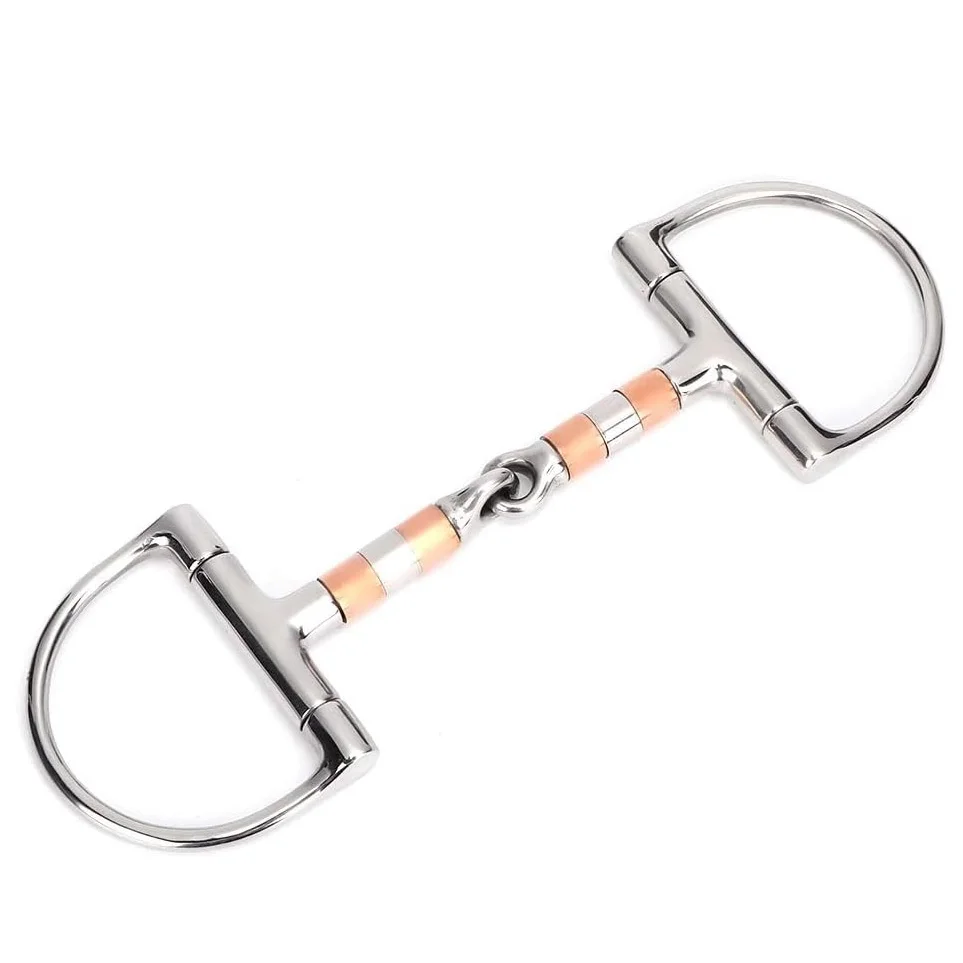 Snaffle para caballos, anillo en D de acero inoxidable, masticable para caballos, enlace francés, broca gruesa suelta, broca de boca suelta con rodillos de cobre para caballos