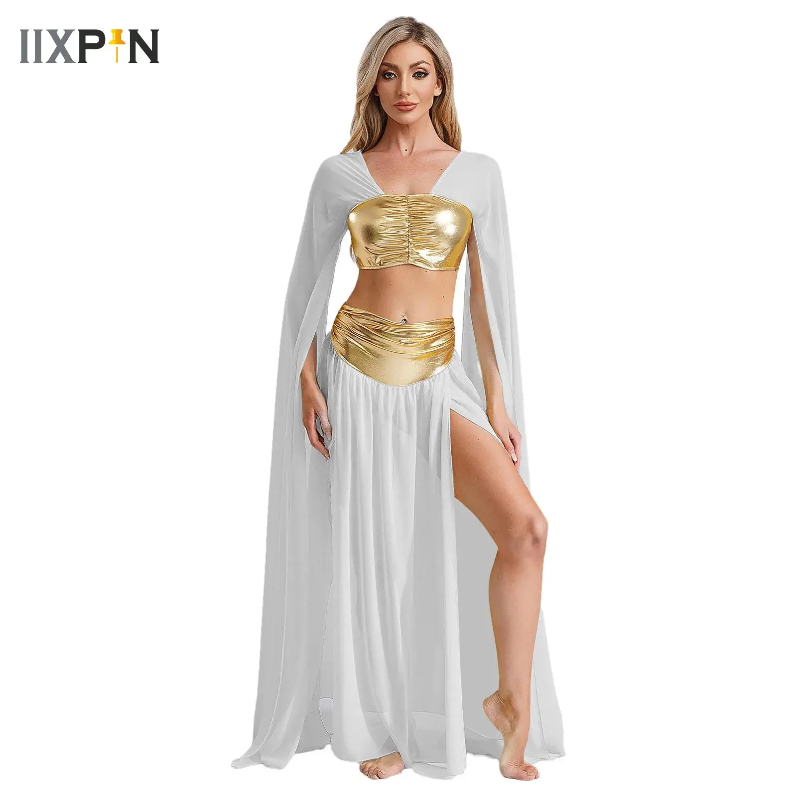 

Women Ancient Greek God Costume Rome Egyptian Cleopatra Cosplay Outfits Crop Top with Split Chiffon Dress for Halloween Carnival