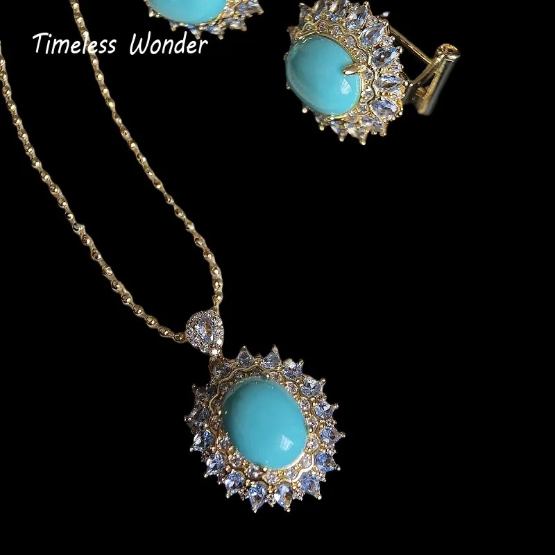 الخالدة عجب ريترو الزركون فو حجر قلادة سلاسل N زر أقراط النساء مصمم طقم مجوهرات العصرية نادر خمر 4612 #3