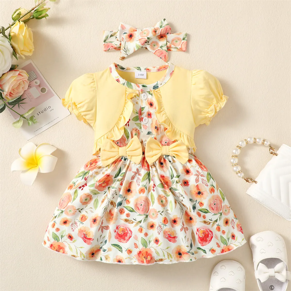 Baby Girl Summer Dress Bubble Sleeves and Floral Fashion Dress + Headband 2 Pcs/Set for Baby Girl 0-24 Months Daily Dressing