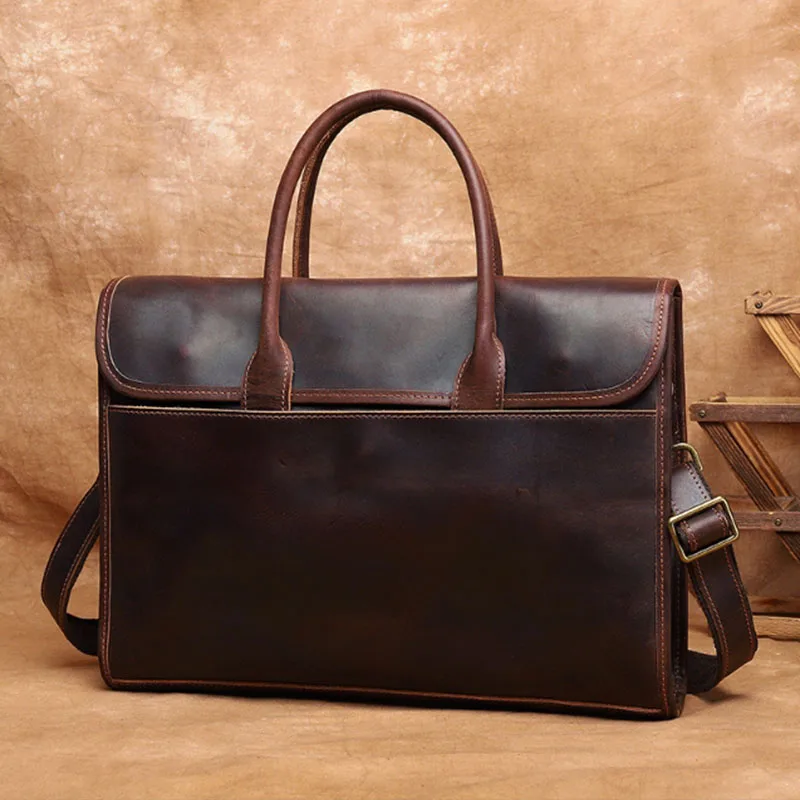

New men's retro style cowhide briefcase - large capacity Crazy Horse leather office bag, genuine leather business handbag