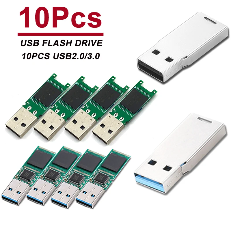 10PCS/lot USB 3.0 Flash Drive 64GB 128GB USB 2.0 Pen drive 1GB 2GB 4GB 8GB 16GB Memory Sticks Semi-finished Chip 32GB