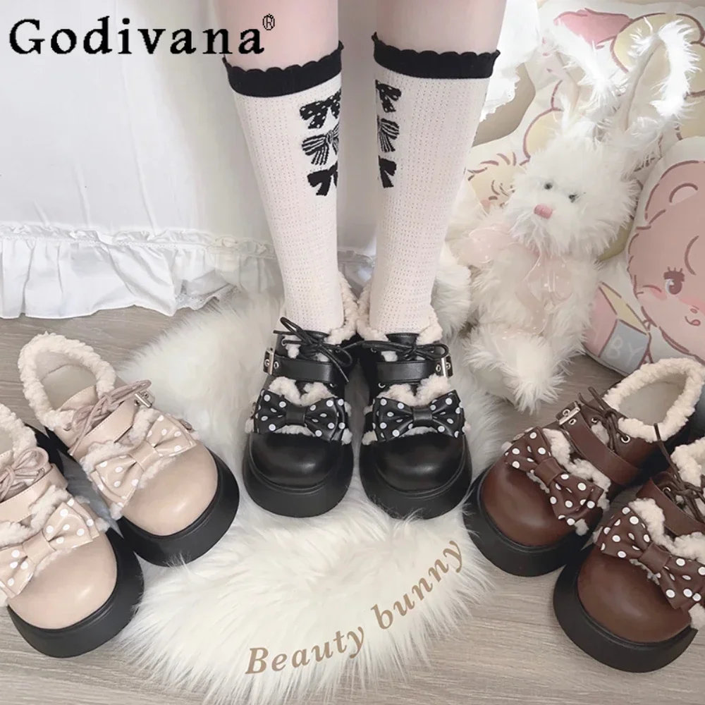 

Japanese Lolita Shoes Winter Warm Round Head Thick-soled Muffin Cute Casual Women's Shoes