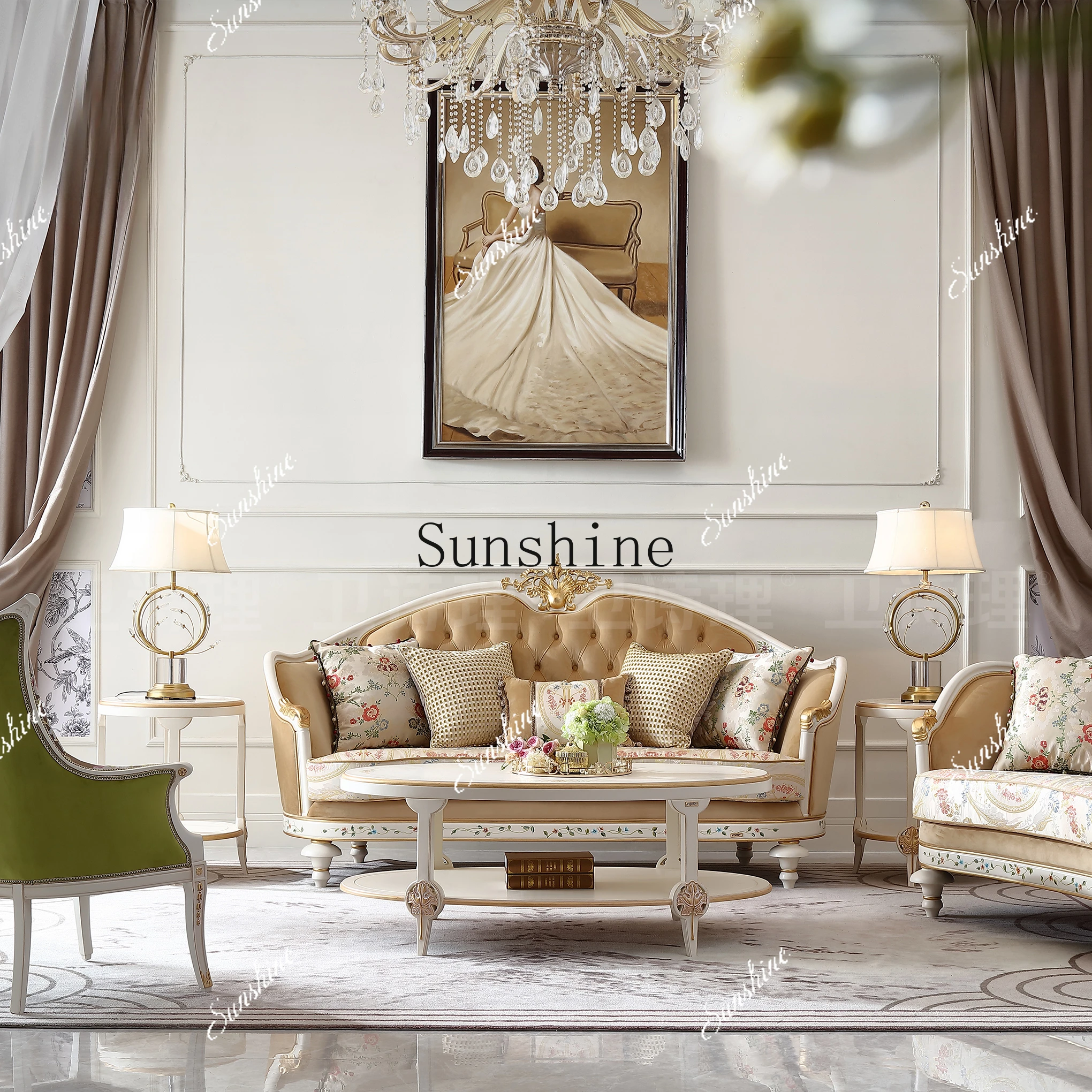 

French retro fabric villa living room solid wood three-person sofa combination EF9 FT