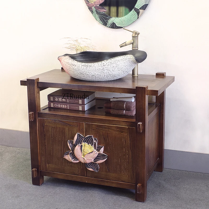 

Vintage solid wood bathroom cabinet balcony washbasin new Chinese style sink modern simple washbasin floor wash cabinet