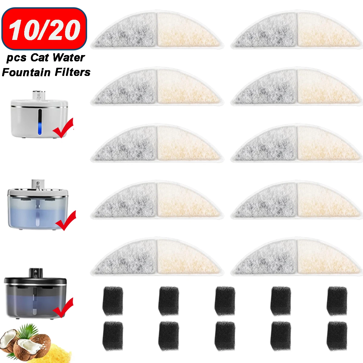 10/20er-Pack Katzenbrunnenfilter, Vorfilter-Schwämme, Ersatz für 102oz 3L Haustierbrunnen für Hunde und Katzen, leicht zu reinigen – Detail 1
