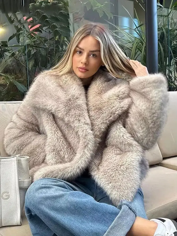 HH Women Faux Fur Jacket Coat Casual Loose Long Sleeve Lapel Warm Coats Female Winter Fashion Lady Chic Streetwear Jakcets