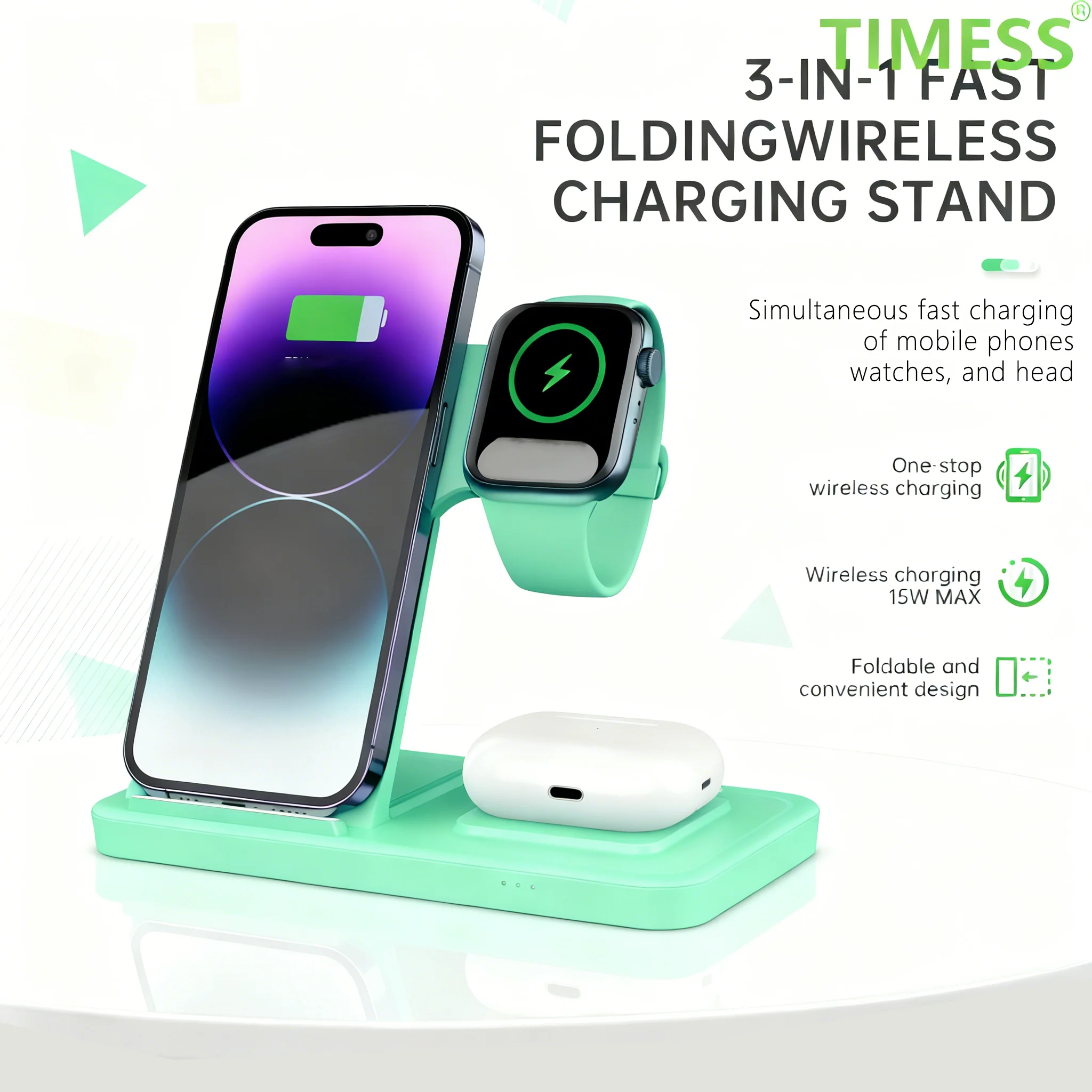 

Портативное беспроводное зарядное устройство 3-в-1, складная беспроводная зарядная станция для iPhone 16 15 14 13 12 11/Pro/Pro Max, для iWatch