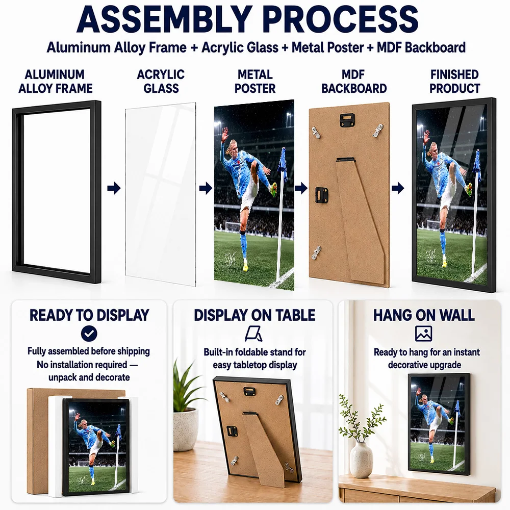 Erling Haaland Action Shot Soccer Framed Metal Print Customized Photo Bold Sports Style Wall Art For Study Unique Athlete Gift
