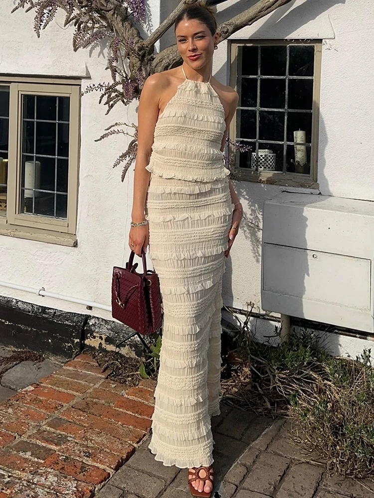 

Weird Puss Ruched Ruffles 2 Piece Set Women Lace-Up Halter Backless Camisole+High Waist Skinny Skirts Y2K Elegant Style Outfits