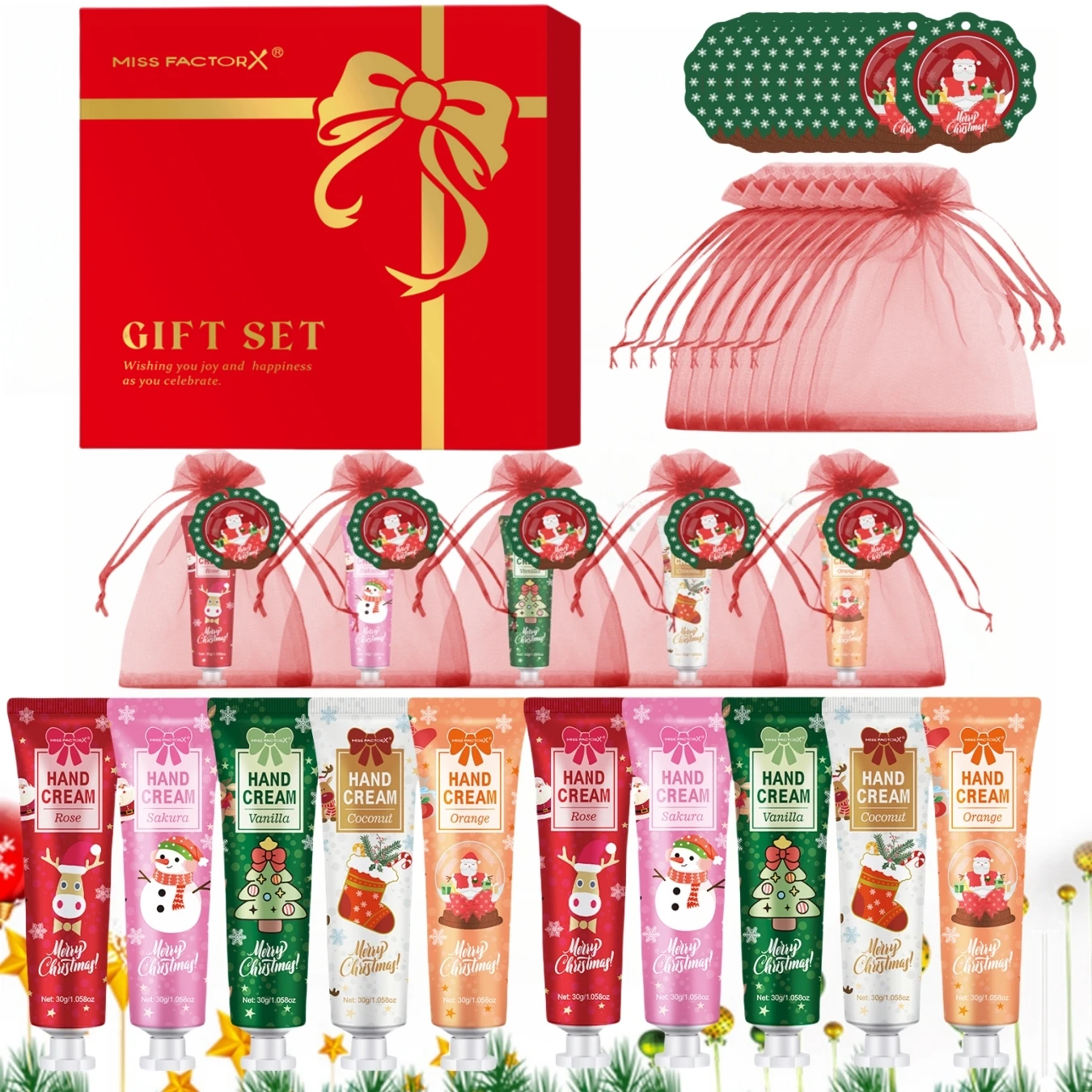 30PCS/Box Christmas gift box, hand cream in bulk, smooth hand skin, Christmas cards and gift gauze bags, gifts for women