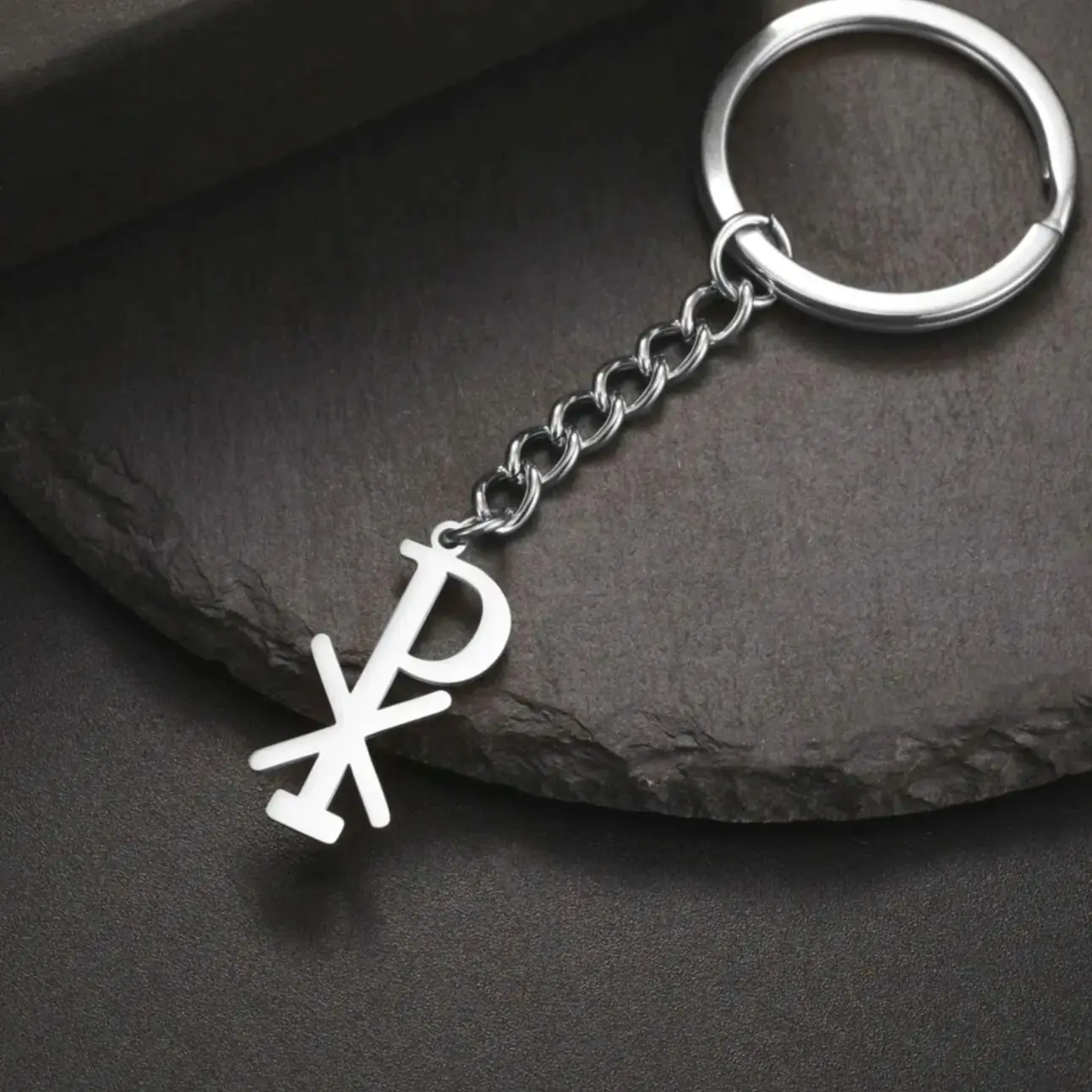 LIKGREAT Retro Chi-Rho Christian Symbol Keyrings Religious Amulet Jewelry Roman Pendants Stainless Steel Keychains for Women Men