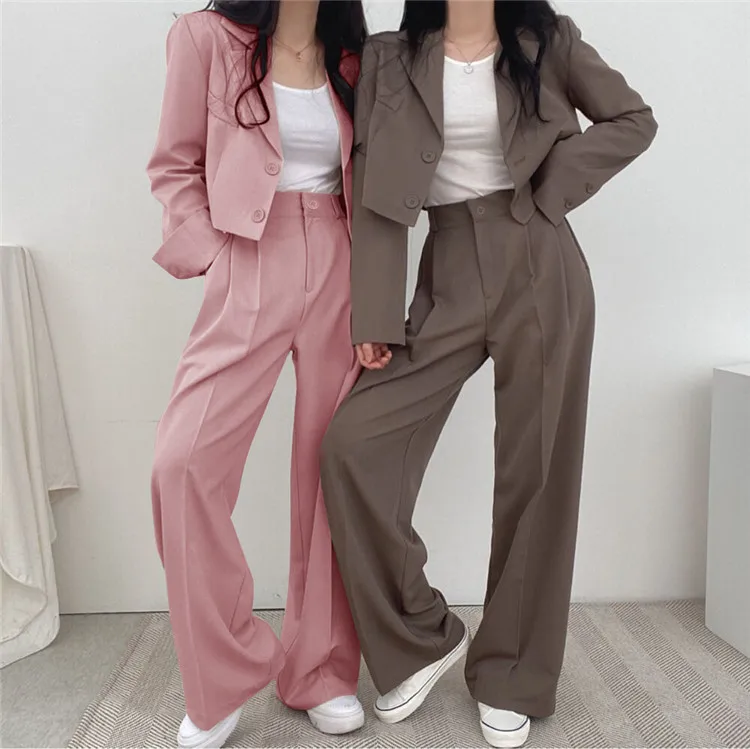 Woman 2PCS Short Blazer Jacket Long Pants Trousers Pink Suits Two-Piece Women Set Office Business Casual Wear ZX-827