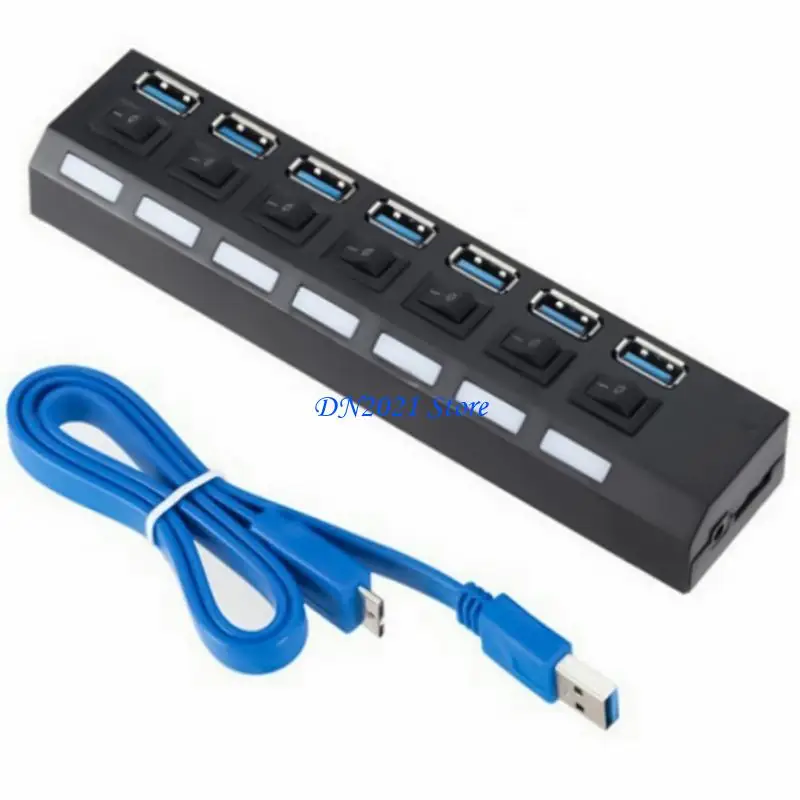 F3KE USB Hub 7 Port USB Hub Expander USB 2.0 Data Port Hub Adapter Individual Switches USB Splitter for Laptop