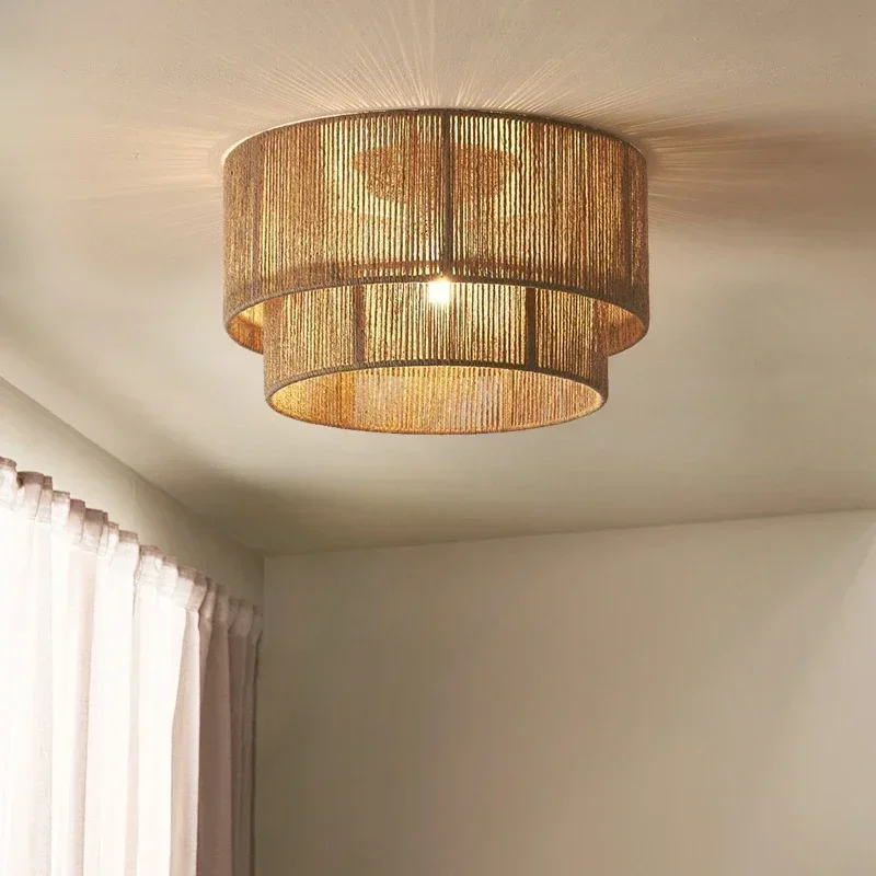 Vintage Hemp Rope Ceiling Light For Bedroom Living Room Dining Room Home Ceiling Lamp Southeast Asian Rattan Chandelier Lighting