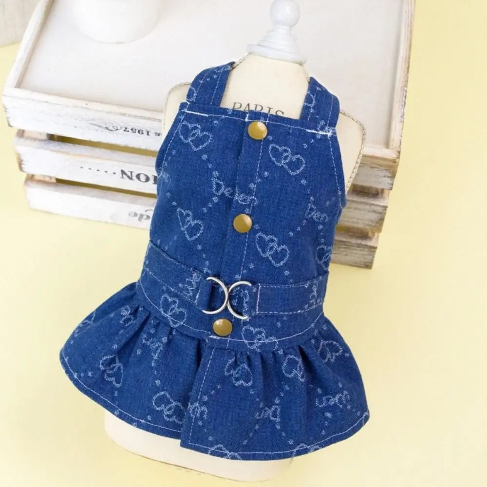 Durável lavável pet amor jeans saia reutilizável bonito animal de estimação denim vestido impresso cão vestido primavera