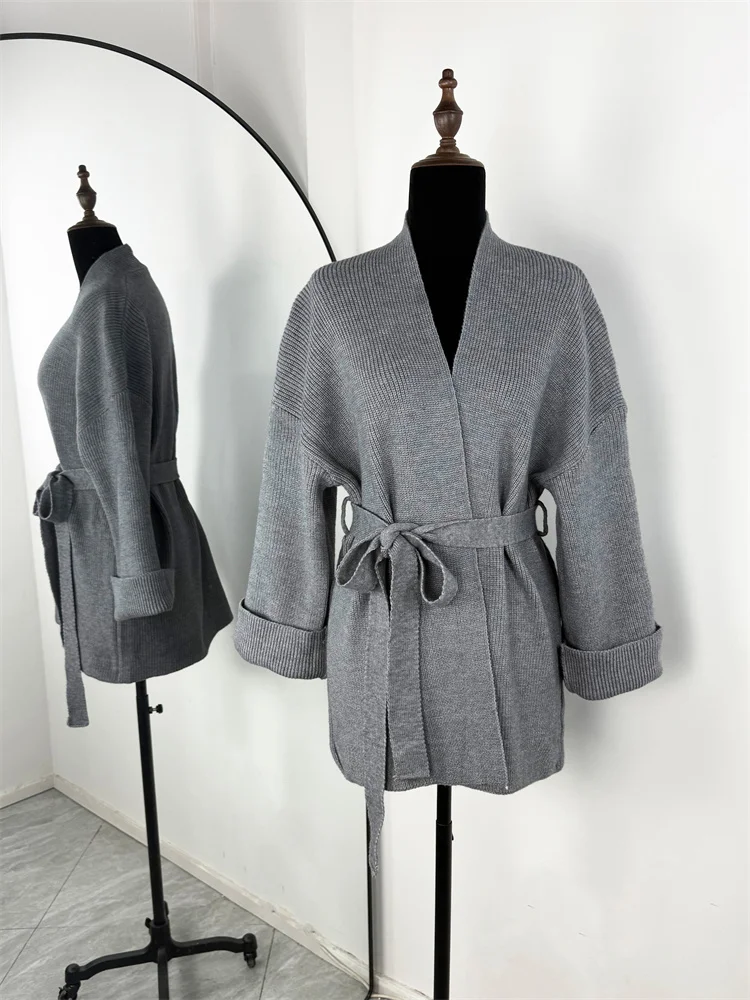 Women's Ribbed Lace-Up Knit Cardigan Coat with V-Neck