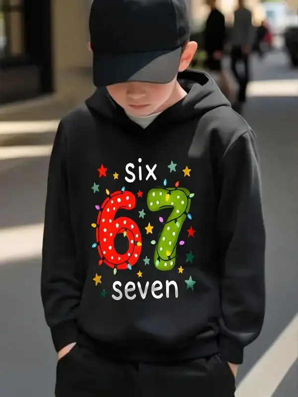 Navidad para niños # 67 Sudadera con capucha de tela suave con estampado de dibujos animados, Six Seven, sudadera informal ajustada de manga larga para primavera y otoño, vacaciones