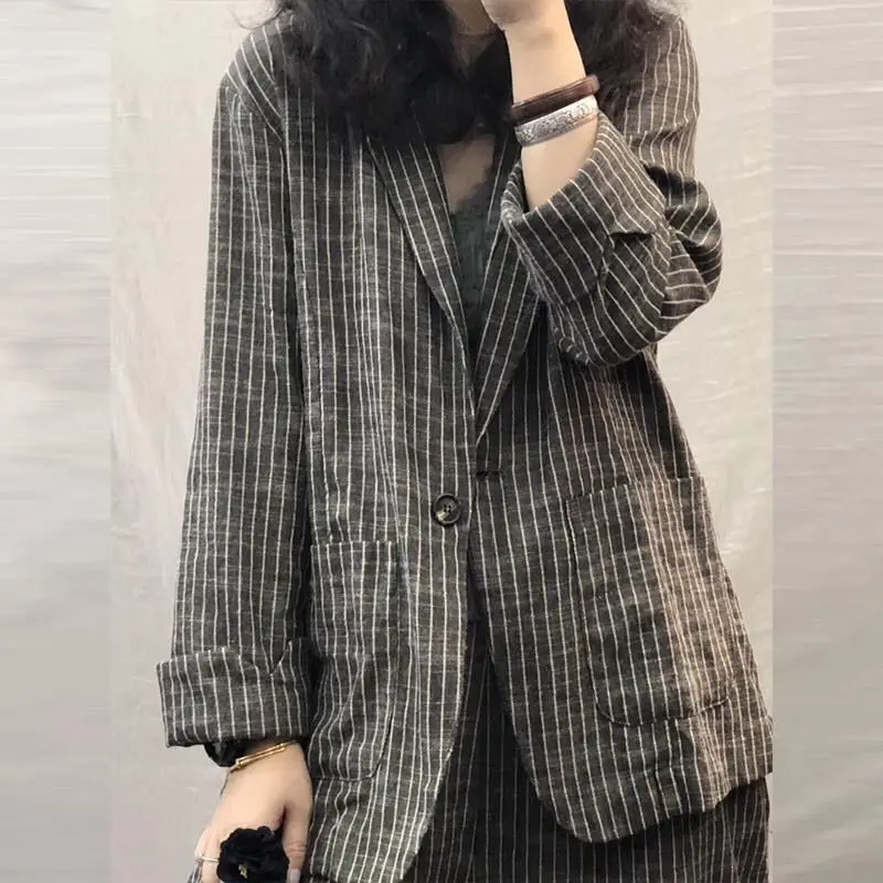 Spring Autumn New Vintage Striped Women\'s Set V-neck Button Pockets Cardigan + Elastic Waist Loose Cotton Hemp Straight Pants