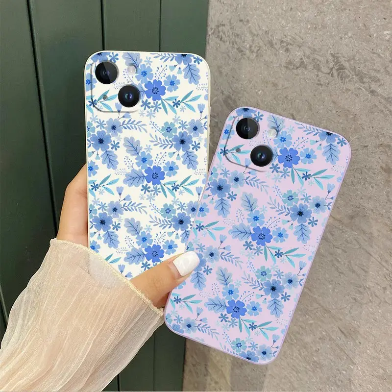 Blue Floral Silicone Phone Case For iPhone 14 15 12 11 13 Pro Max Mini 14 15 Plus 8 7 6 6S Plus X XR XS 14 15 Pro Cover