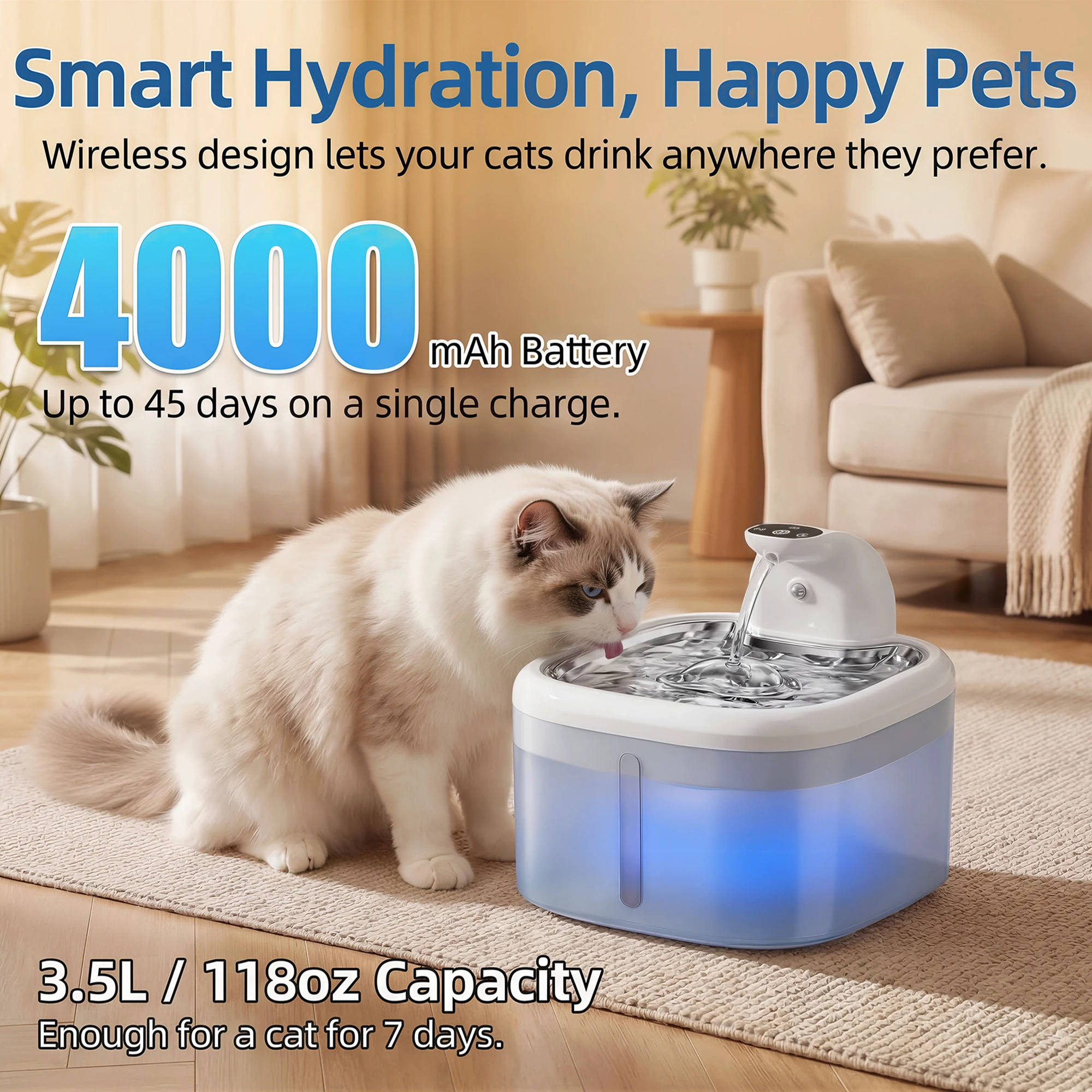 3.5L Wireless Cat Water Fountain Smart Sensor Faucet Mode Stainless Steel Ultra-Quiet 4000mAh Long Battery Pet Water Dispenser