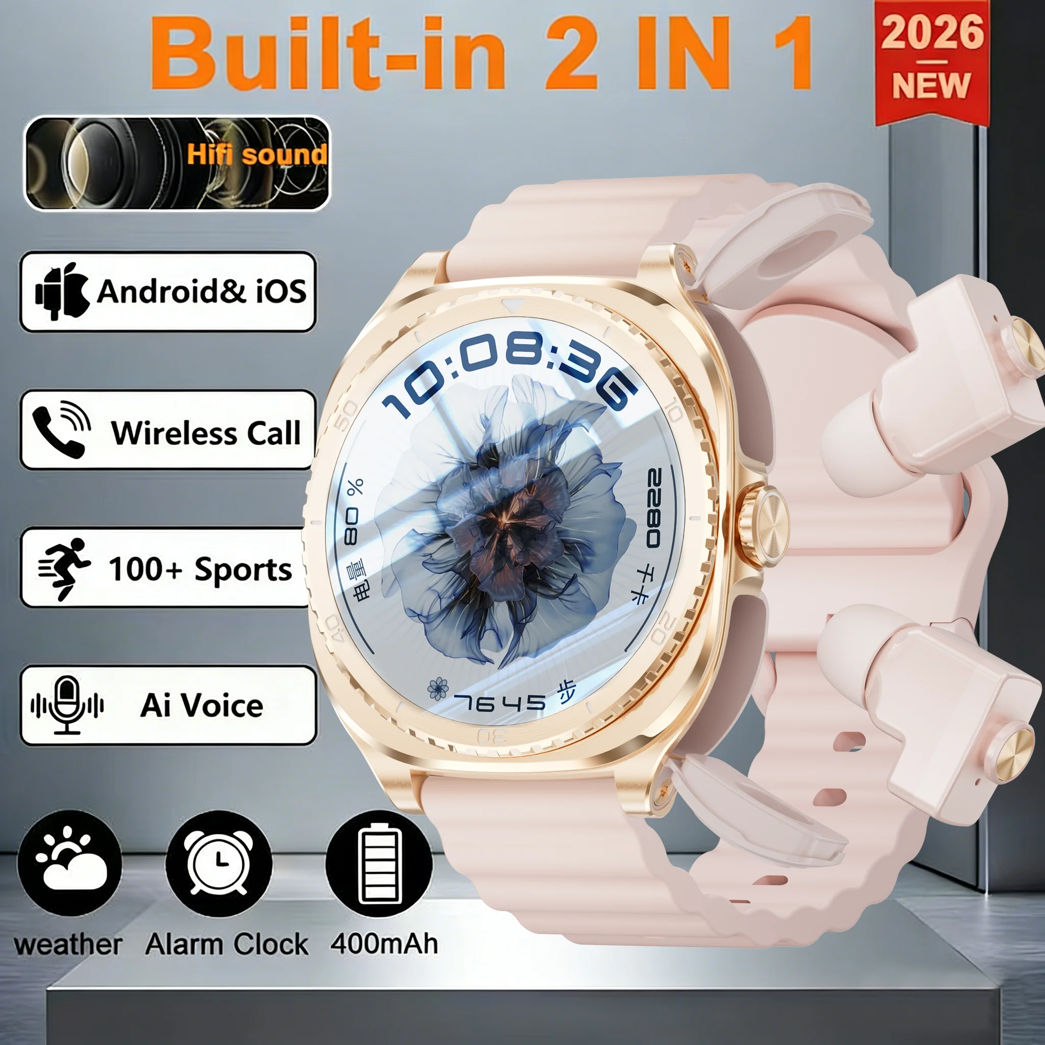 

2025 Новые Смарт-часы 2 в 1 с наушниками Smartwatch 400 мАч TWS Bluetooth Наушники Монитор сердечного ритма и кислорода в крови Спортивные часы