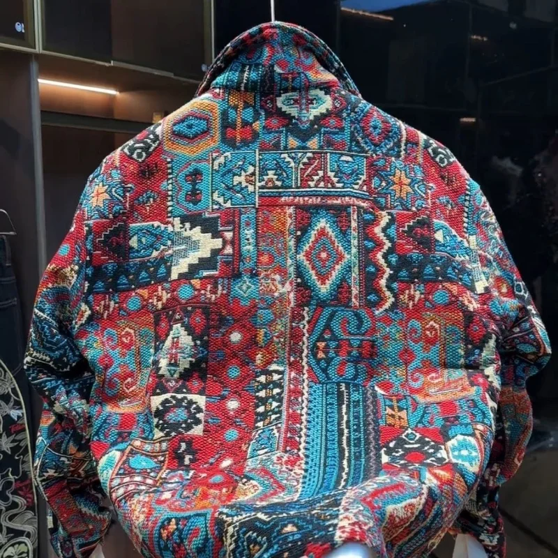 سترة قميص جاكار ملونة منسوجة للرجال بنمط عرقي سترة دافئة من القطن فضفاضة عصرية #5