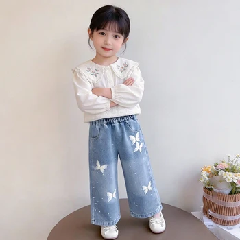 Girls Butterfly Wide-Leg Denim Pants 3 Spring and Autumn Washed Soft Denim Baby Girl Straight Wide-Leg Pants Diamond in the Debris Butterfly Loose Long Pants 3
