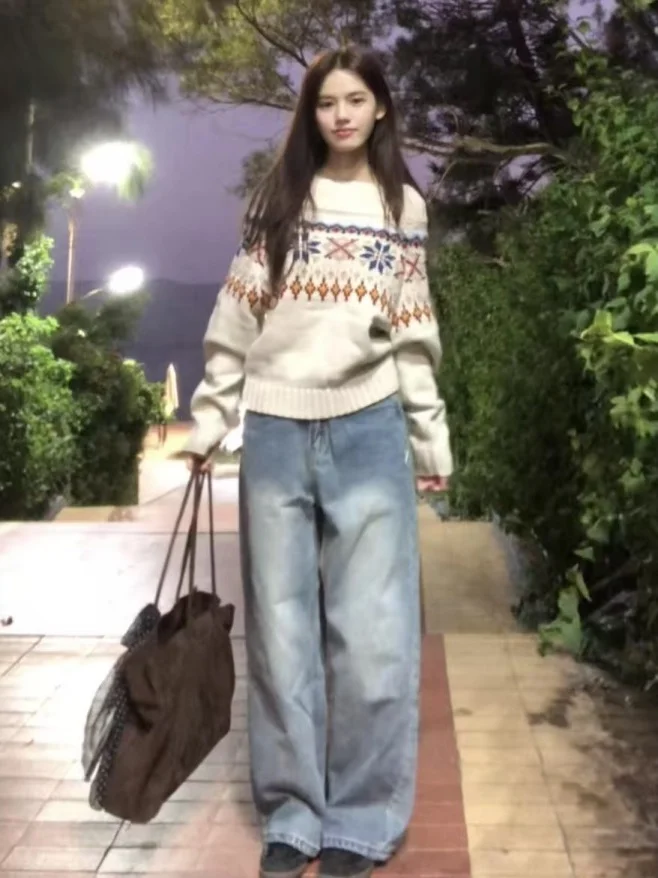 

Женский повседневный весенний свитер свободного кроя с открытыми плечами, вязаный в стиле ретро Fair Isle, с длинными рукавами, дышащий, с геометрическим узором