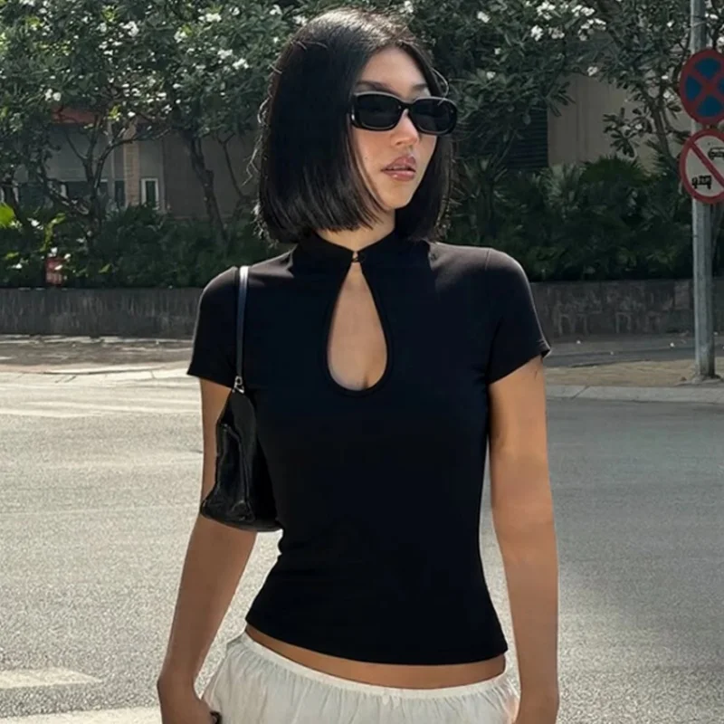 Mandarin Collar Short Sleeve Tees Women Chinese Style Knot Button Hollow Out T-Shirt Elegant Y2K Chic Streetwear Summer Clothes