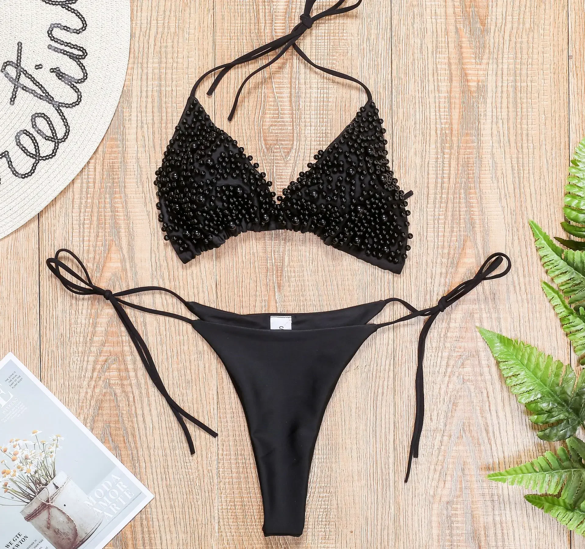 

Sexy Micro Bikini Women Solid Black White Pearl Designer Swimsuit 2022 Luxury Beach Push Up Bathing Suit Thong Swimwear Biquini