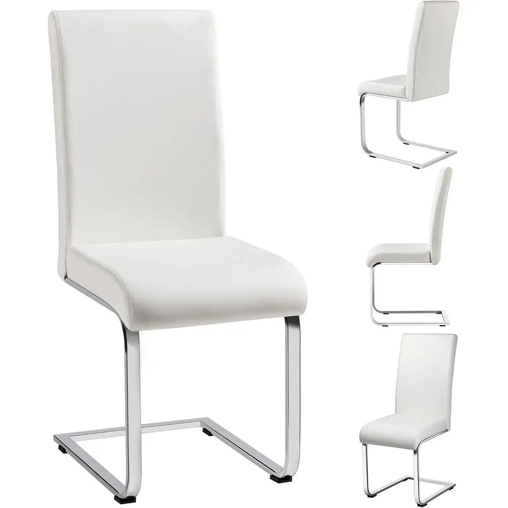 مجموعة من 4 كراسي طعام جلدية حديثة مع ظهر مرتفع وأرجل كروم للمطبخ أو غرفة المعيشة أو المطعم، باللون الأبيض #6