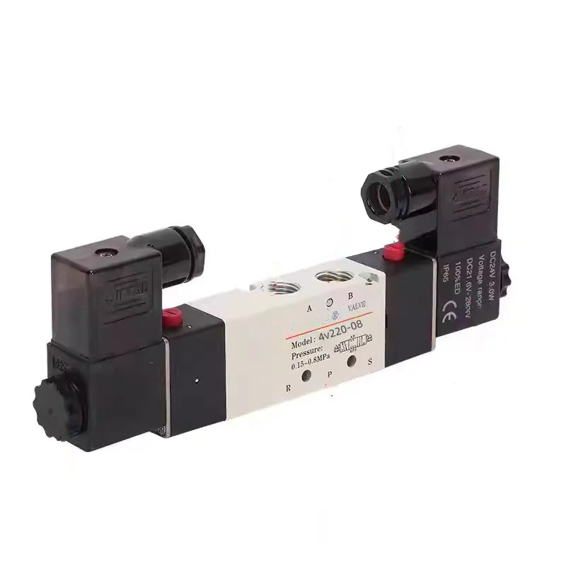 1/4\'\' BSP 1/4 Inch 4V220-08 5 Ways 2 Positions Pneumatic Air Solenoid Valve Double Head DC 12V 24V AC 110V 220V