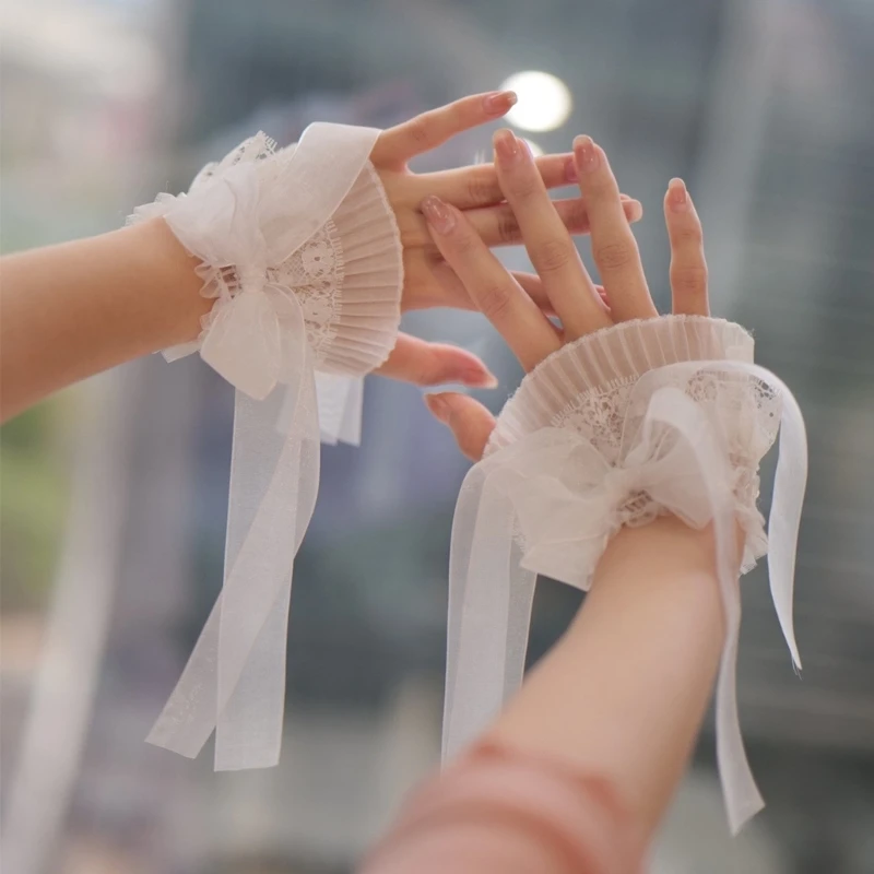 Lolita-Mancommuniste de poignet en dentelle pour filles, nœuds doux, ruban plissé, fausses manches, ornements, poignées amovibles, poignets évasés en tulle, bracelet pull