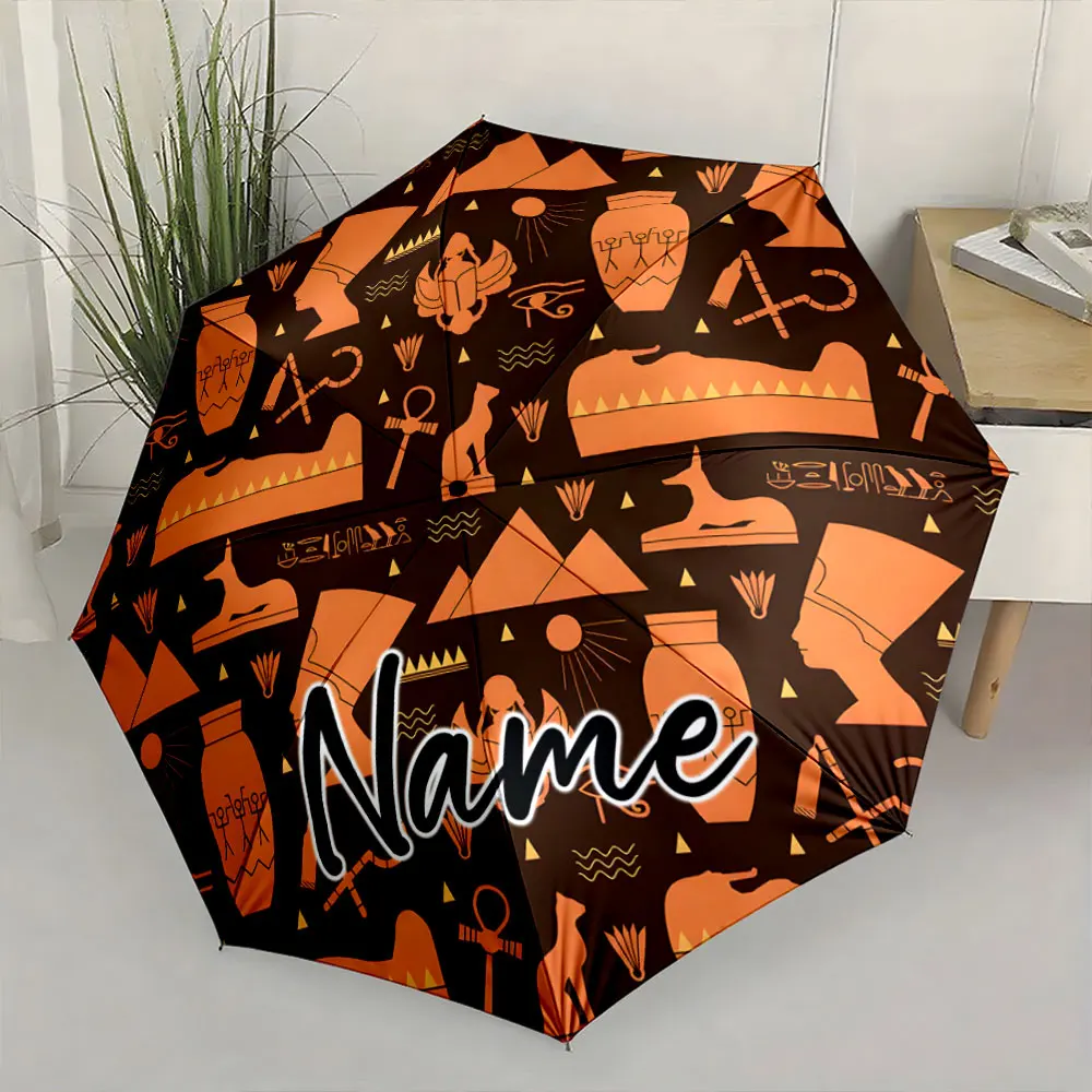 Custom Name Stylish Umbrella with Egyptian Patterns 8 Iron Ribs Folding Umbrella Auto-Open Fashionable Sunshade Deluxe Gift