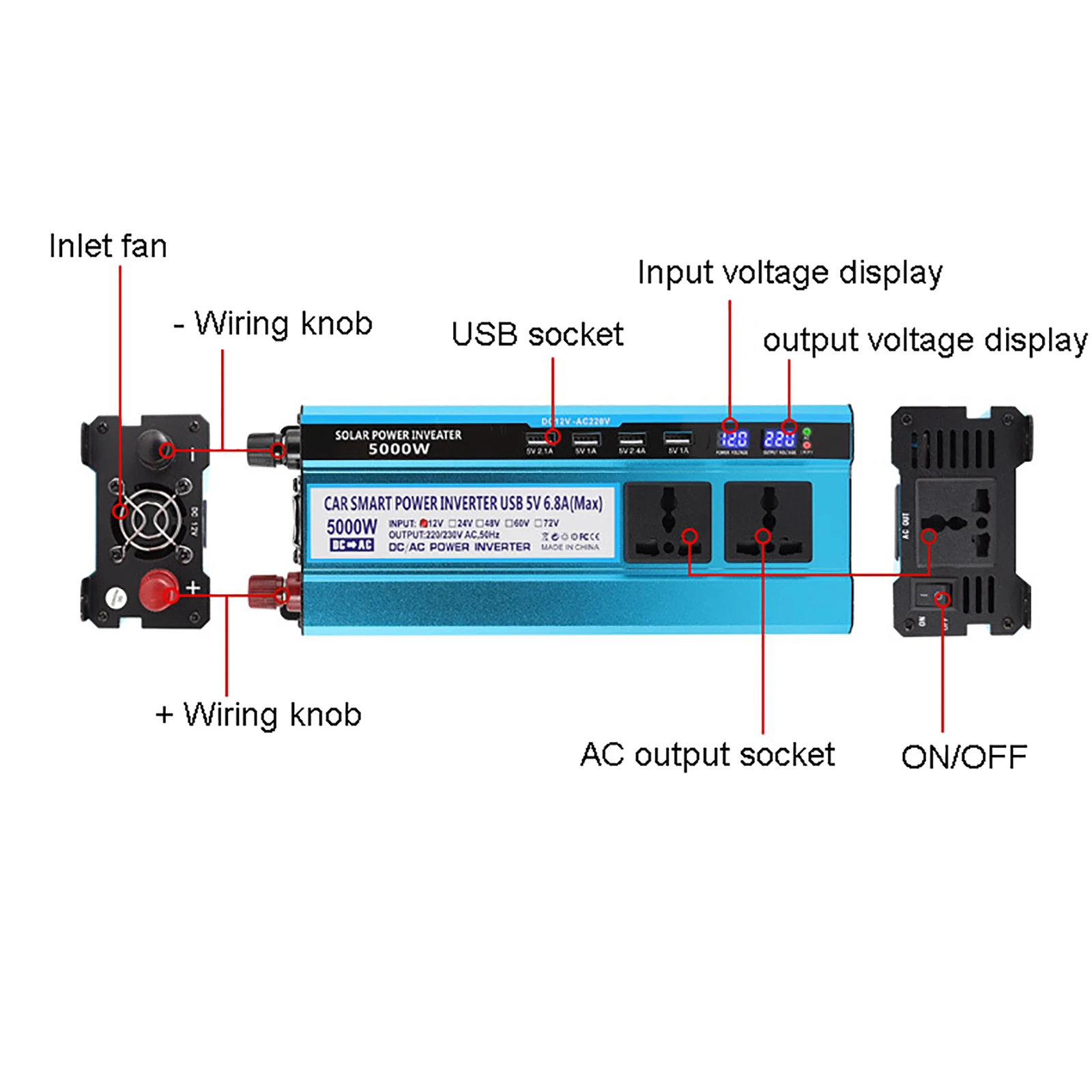 Car Power Inverter with 4 USB & 3 Universal Socket 3000W 4000W 5000W 12V 24V Off Grid Modified Sine Wave Voltage Converter