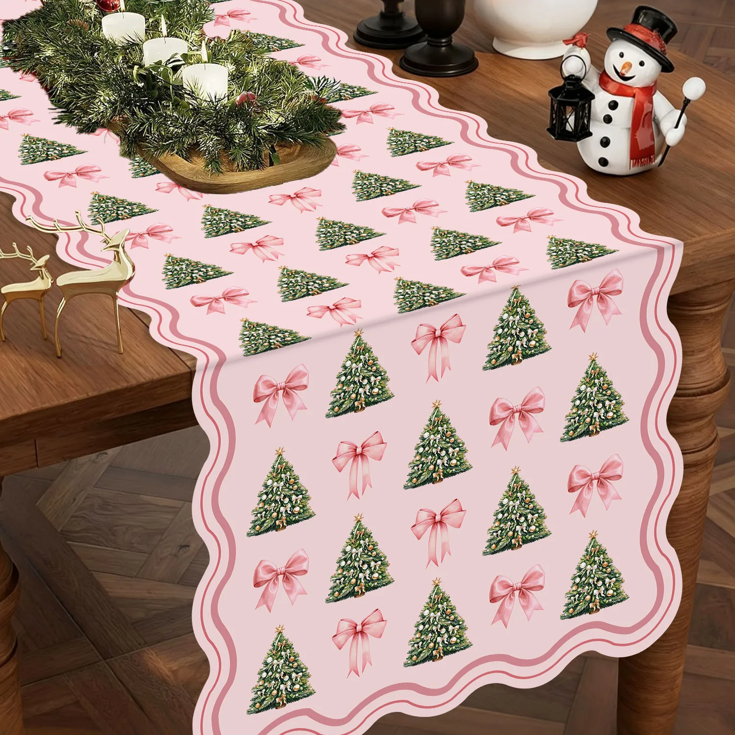 Pink Christmas Table Runner Green Tree Bow Wavy Edge Xmas Holiday Dining Table Decor Merry Christmas Party Home Decoration