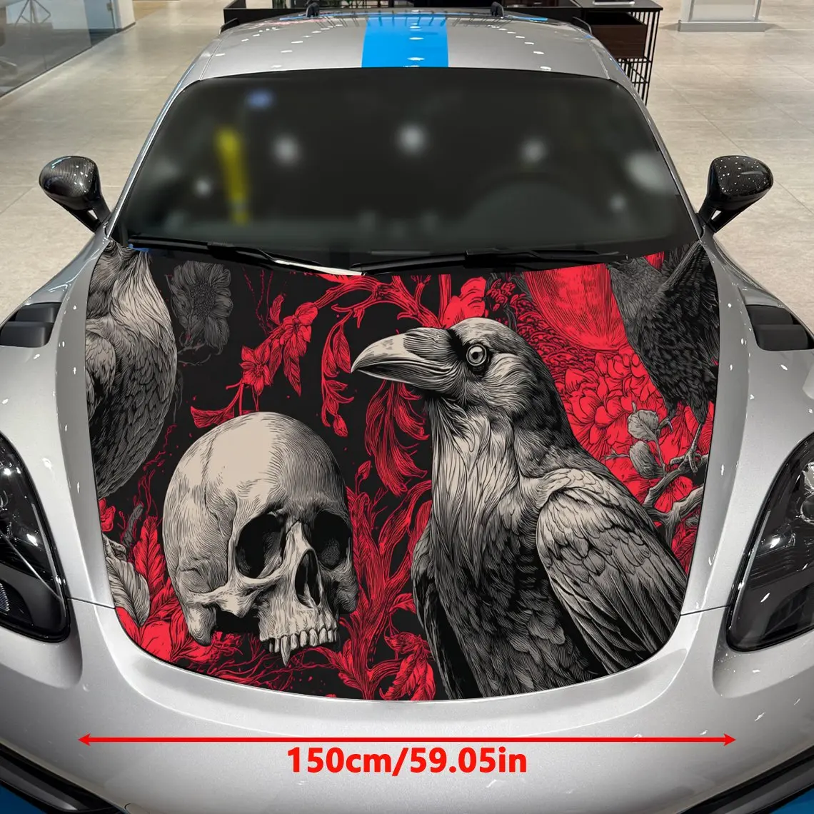 Car Decals A Red-Themed Design with a Skull and a Raven in Intricate Details Car Hood Sticker, Waterproof Self - Adhesive Vinyl