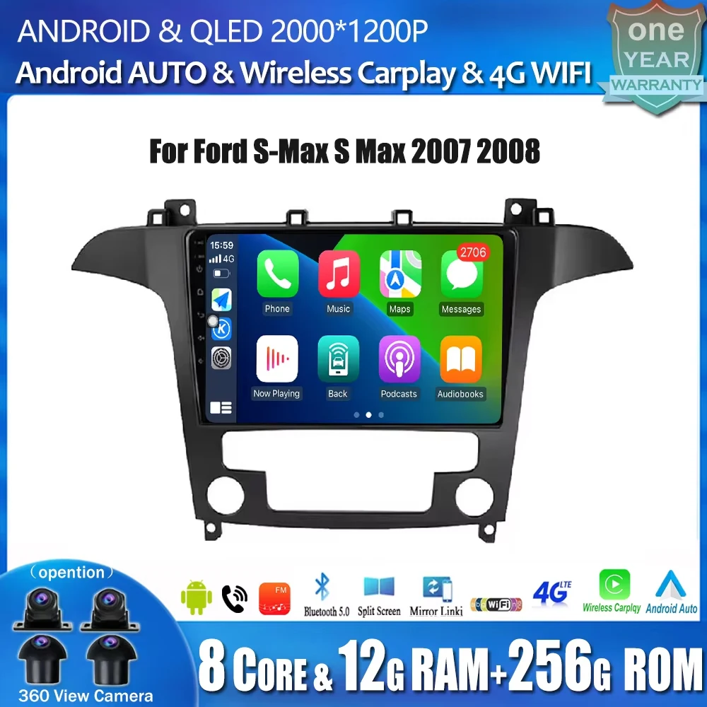 For Ford S-Max S Max 2007 2008 9inch Carplay AT Car Radio Multimedia Video Player Android 14 Bluetooth WIFI 4G Navigation GPS