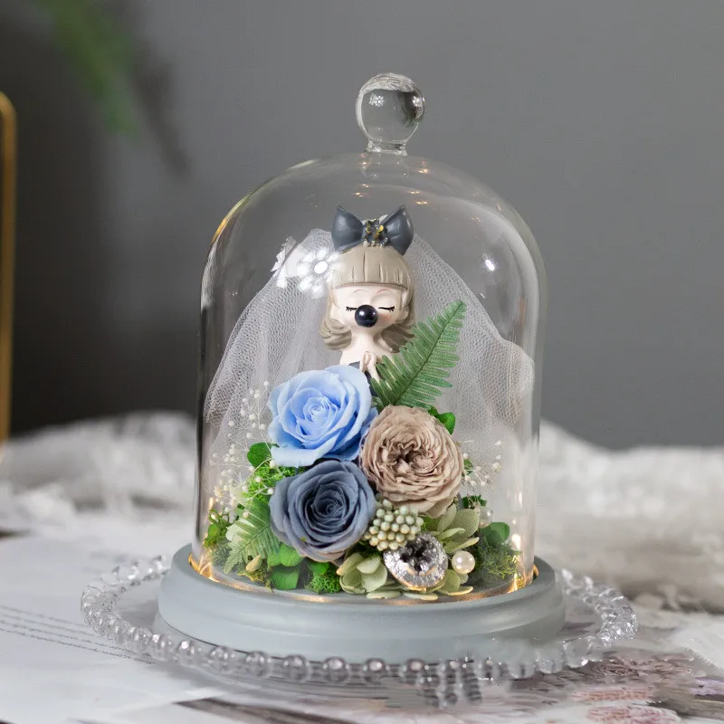 12*16cm Ball Top Glass Dome Vase Home Decoration Blue Grey Base Transparent Cake Cover DIY Friend Favor Gift Wedding Live Prop