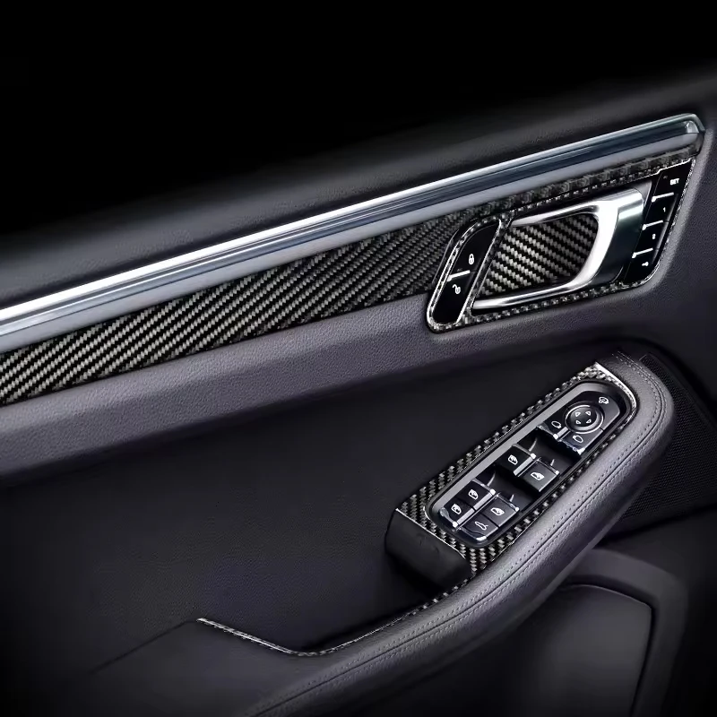 For Porsche Macan Carbon Fiber Inner Door Handle Window Lifter Switch Cover Trim Door Bowl Sticker Car Styling Accessories
