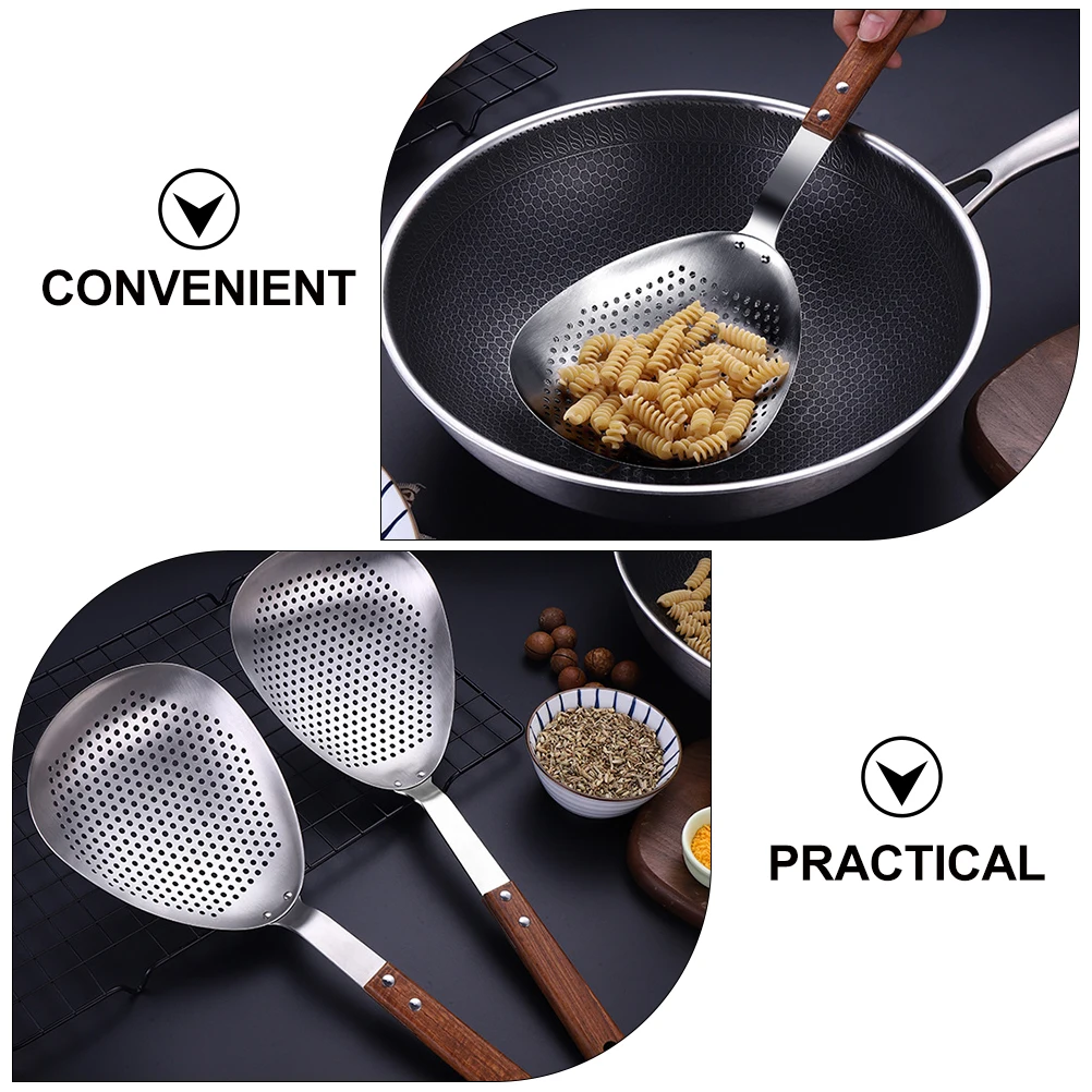 

Stainless Steel Spoon Noodle Strainer Kitchen Oil Frying Frying Slotted Spoon Grease Colander Wooden Handle Practical Tool