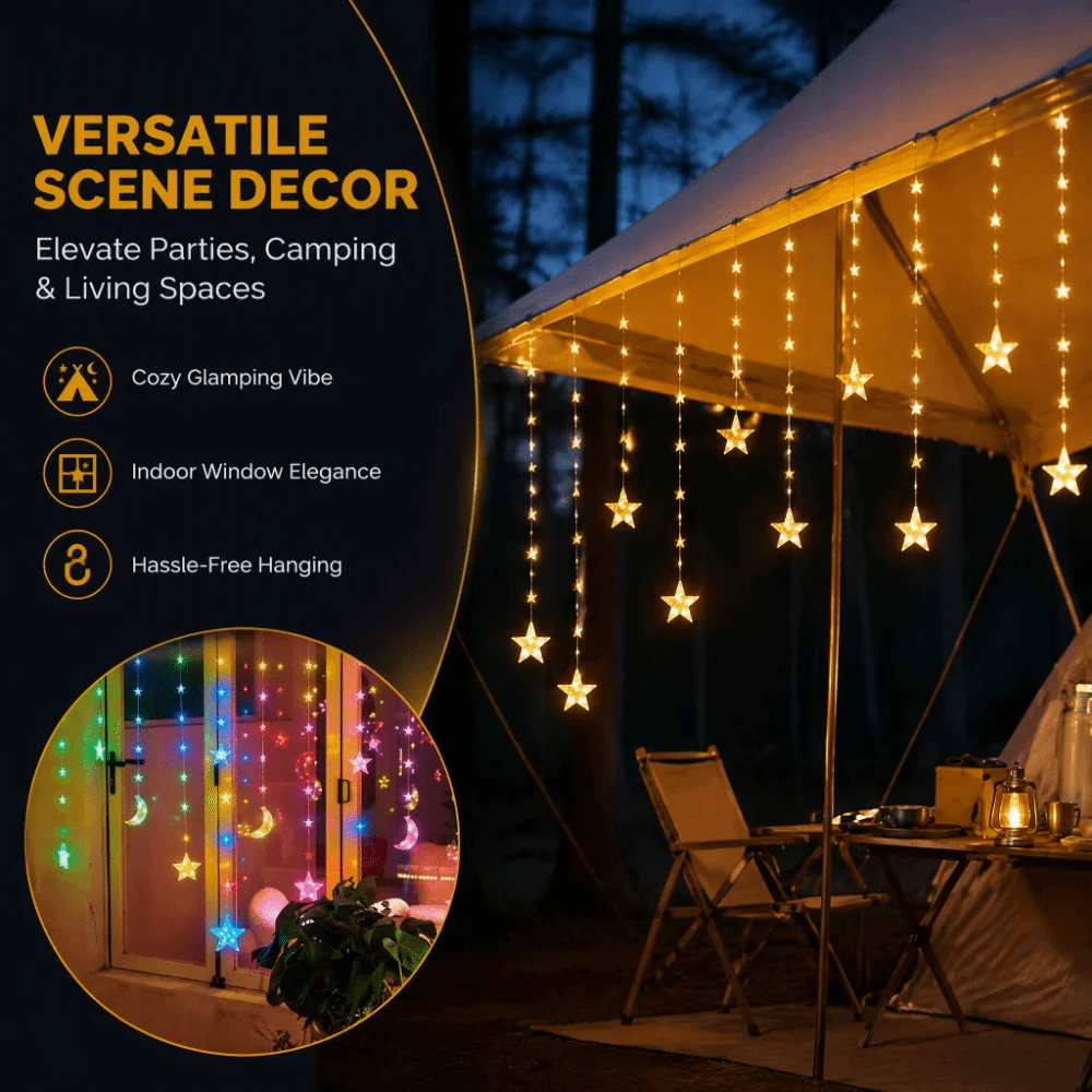 Waterproof Solar Curtain Lights Solar Powered Star And Moon Shape Fairy Lights Delicate Design Dreamy Glow Ambient Lighting