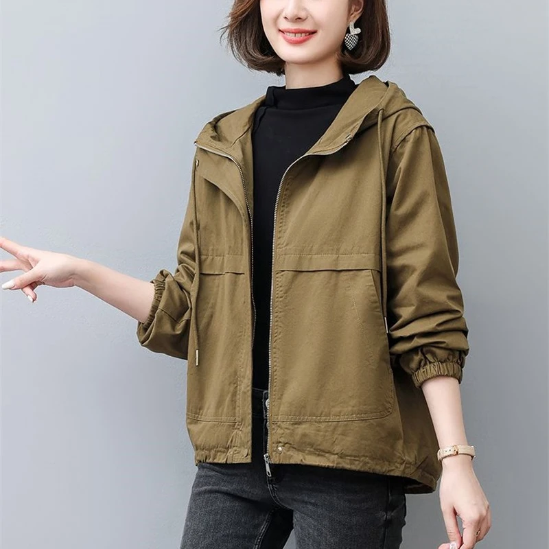 2024 New Trench Coat Women Single Autumn Korean Streetwear Long-Sleeved Short Hooded wild Windbreaker Female Outwear Coats