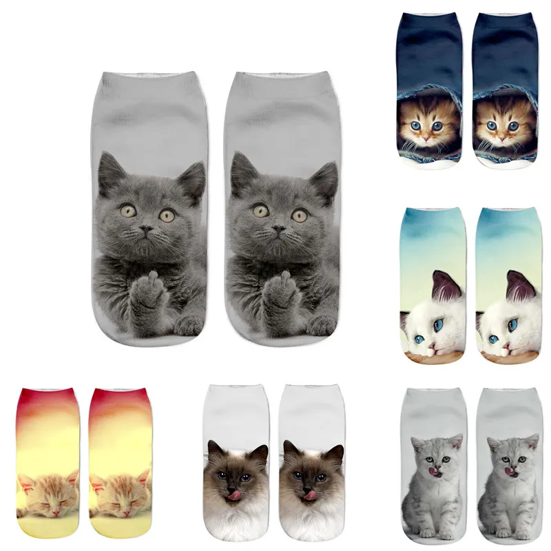 Носки-анклеты из мягкого хлопка, милые универсальные дышащие повседневные короткие носки в стиле Харадзюку с объемным мультяшным принтом милого кота и животного