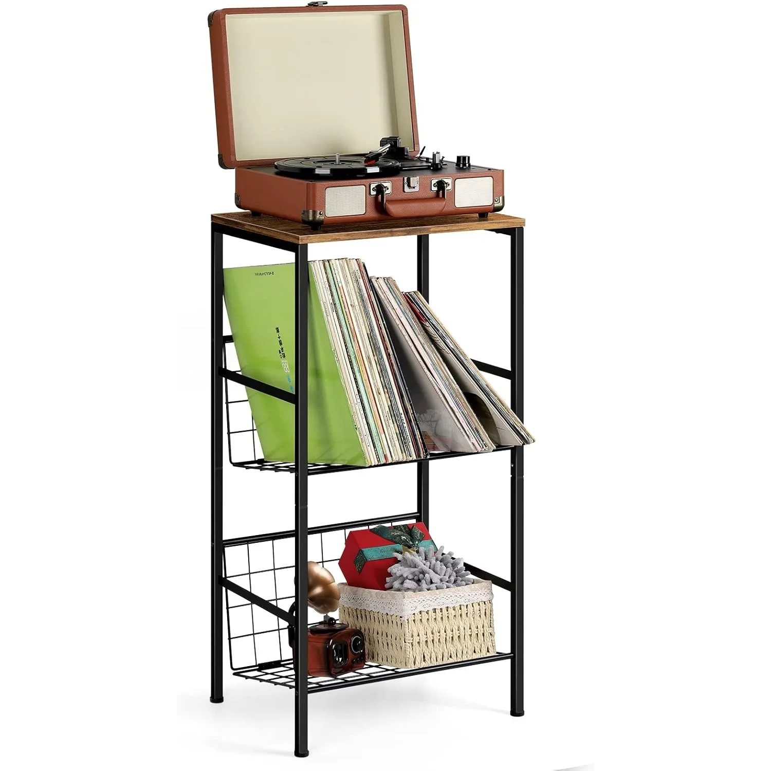 

3 Tier Metal Turntable Stand | 90 Albums+Storage | Small Record Player Stand | Living Room/Bedroom/Office, Brown