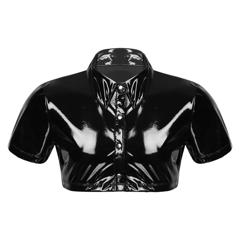 Comfy Fashion Crop Tops Blouse Summer All Seasons Black Wet Look Breathable Casual Daily Mens PU Patent Leather