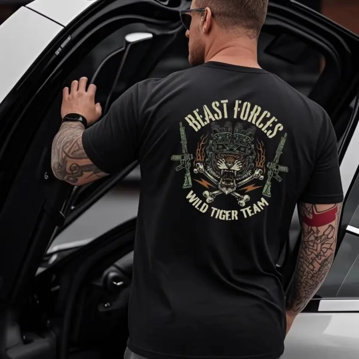 Summer Short-sleeved Printed T-shirt American Retro Tough Guy Tactical Men's Crew Neck Half-sleeved Large Size Loose Casual Top