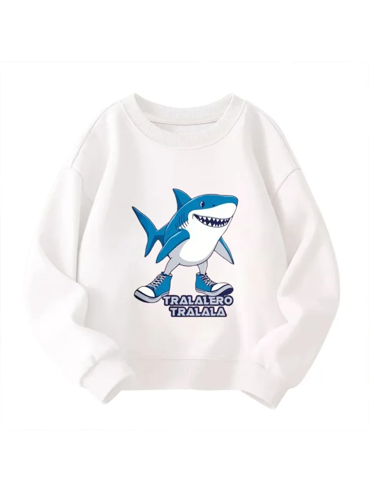 

Long-sleeved hoodie Kids' Crew Neck Sweatshirt - Dancing Shark "TRALALERO TRALALA" Graphic White Pullover, Fun Casual Days