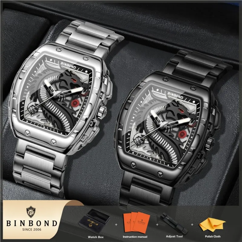 BINBOND Men Quartz Watch Luxury Fashion Casual Wristwatch Golden Dragon Hollow Dial Luminous Hands Chronograph Gift Set
